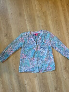 Lilly Pulitzer Coleman Top Now You Sea Me Blue Ibiza Cotton Blouse Size xs